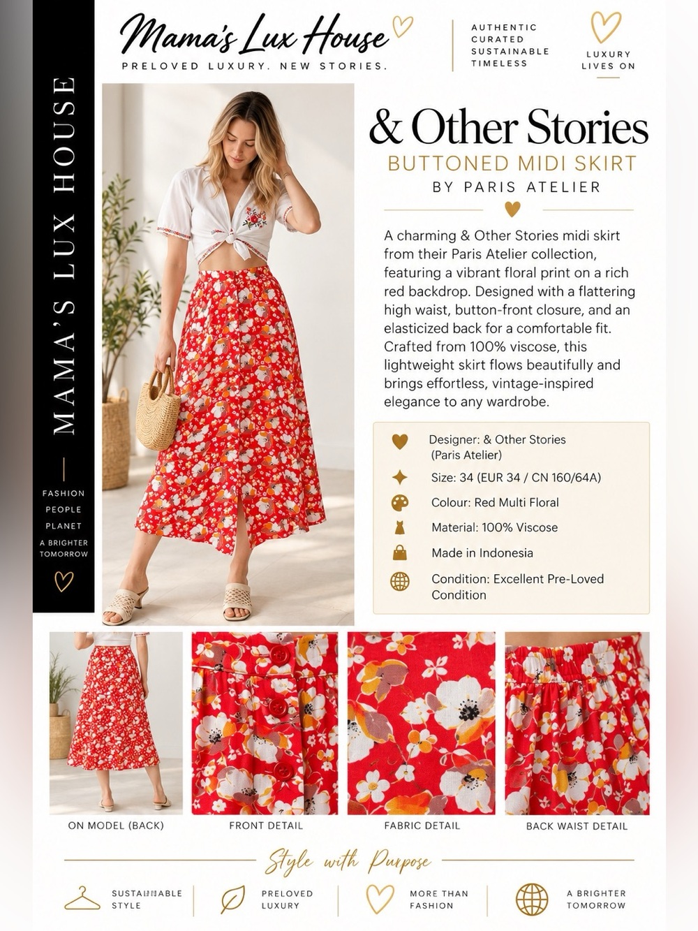 & Other Stories Red Multi Floral Button-Front Midi Skirt